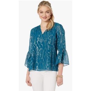 Lilly Pulitzer Blue Flutter Sleeve Sequin Blouse